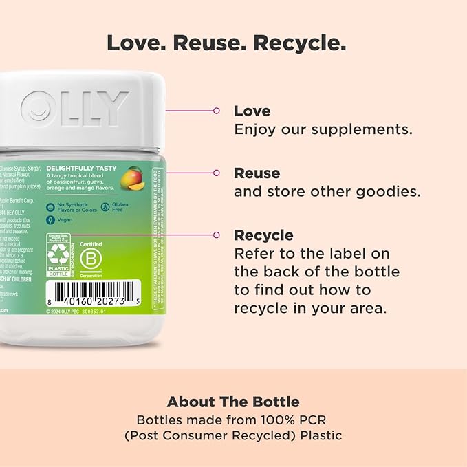 OLLY Energized Thinker Brainy Chews, 70mg of Caffeine, Vitamin B12 & Omega-3, Energy Supplement, Tropical, Vegetarian, 20 Count