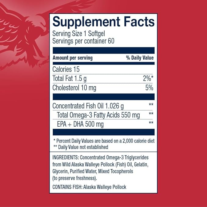 Preferred Triglyceride Omega-3 Fish Oil for Heart Health Support - Wild-Caught Alaskan Walleye Pollock - American-Sourced, American-Made - Non-GMO, Gluten-Free & Dairy-Free - 60 Softgels
