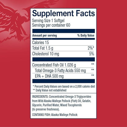 Preferred Triglyceride Omega-3 Fish Oil for Heart Health Support - Wild-Caught Alaskan Walleye Pollock - American-Sourced, American-Made - Non-GMO, Gluten-Free & Dairy-Free - 60 Softgels