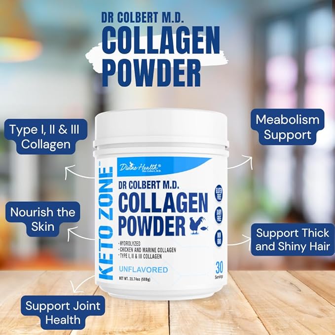 Divine Health Dr. Colbert MD Hydrolyzed Collagen Powder | Unflavored | Chicken & Marine Collagen Peptides | Hair, Skin and Nails Support