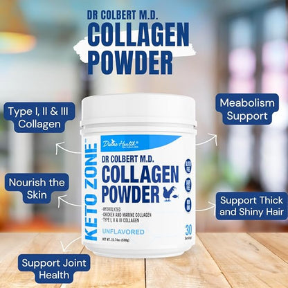 Divine Health Dr. Colbert MD Hydrolyzed Collagen Powder | Unflavored | Chicken & Marine Collagen Peptides | Hair, Skin and Nails Support