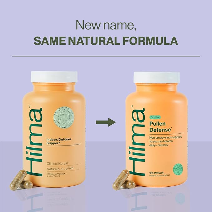 Hilma Natural Sinus Support – All Day Allergy & Sinus Relief from Pollen & Dust w/Butterbur, Stinging Nettles & Spirulina - Non-Drowsy - Organic, Clinically Proven Ingredients - 120 Vegan Capsules