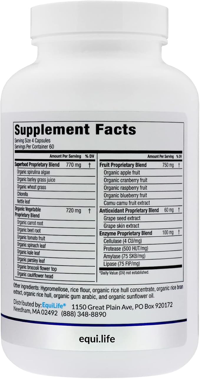 Equilife - Daily Fruit & Vegetable Blend, Superfood Dietary Supplement, Promotes Natural Energy, Rich in Vitamin C, 9 Essential Amino Acids, Easy-to-Use, Gluten-Free, Vegan, Non-GMO (240 Capsules)