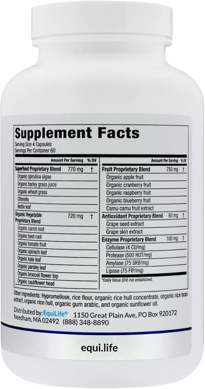 Equilife - Daily Fruit & Vegetable Blend, Superfood Dietary Supplement, Promotes Natural Energy, Rich in Vitamin C, 9 Essential Amino Acids, Easy-to-Use, Gluten-Free, Vegan, Non-GMO (240 Capsules)