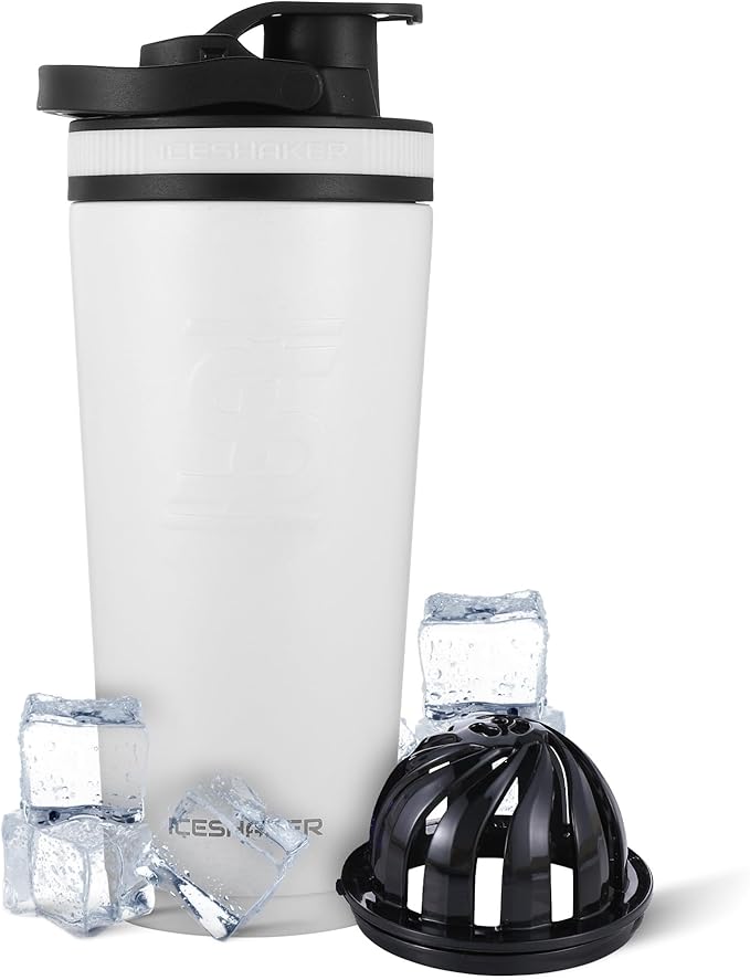 Ice Shaker Insulated Stainless Steel Shaker Bottle | 26oz, White | Cold for 30+ Hours | Insulated Cup with Twist-on Agitator | Odor-Free Shaker Cup for Protein Shakes, Water, Smoothies, Cocktails
