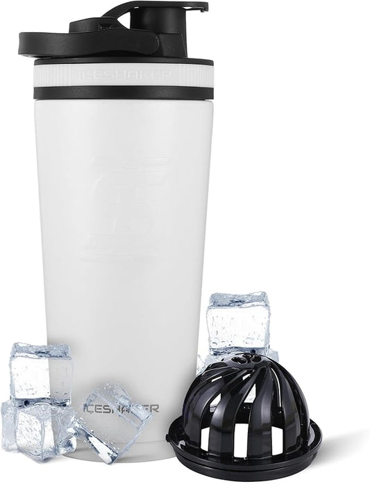 Ice Shaker Insulated Stainless Steel Shaker Bottle | 26oz, White | Cold for 30+ Hours | Insulated Cup with Twist-on Agitator | Odor-Free Shaker Cup for Protein Shakes, Water, Smoothies, Cocktails