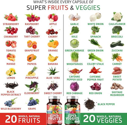 N1N Premium Super Fruits & Veggies Supplement, 180 Caps, Whole Food & Natural Superfood for Women, Men & Kids - Packed with Aloe Vera, Vitamins & Minerals