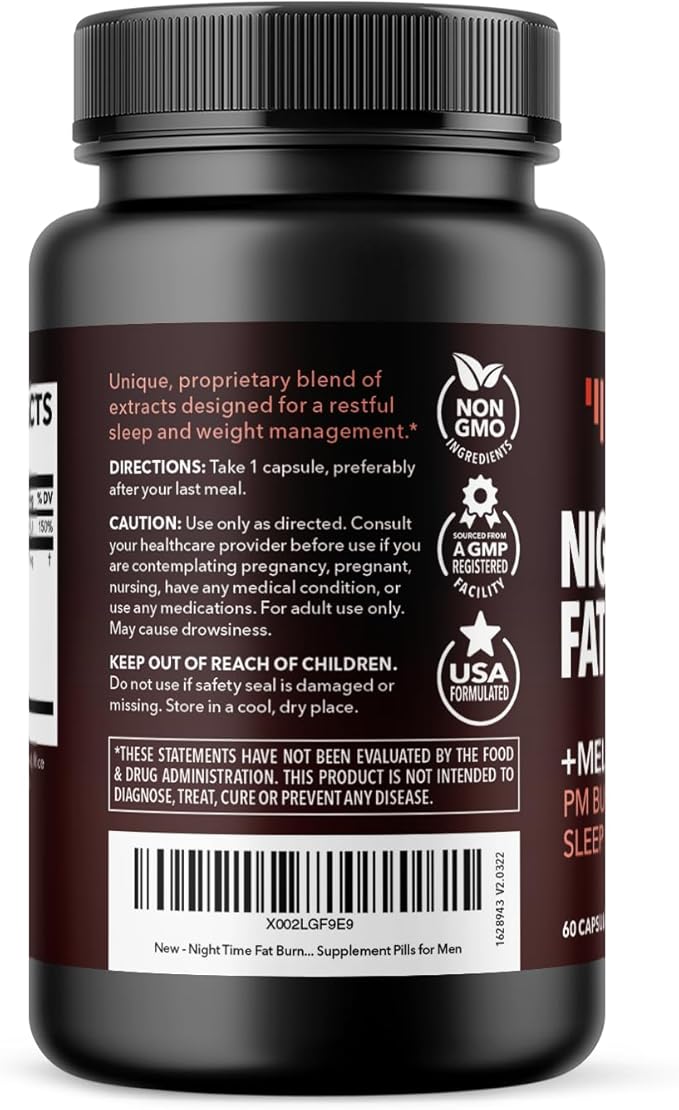 Night Time Fat Burner for Men and Women - Appetite Suppressant for Weight Loss with Melatonin for Sleep Support - Weight Loss Supplement and Metabolism Booster - 2 Month Supply Weight Loss Pills