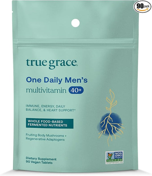 True Grace Men's 40+ One Daily Multivitamin Fermented Minerals, Organic Adaptogens & Mushrooms Whole Body Balance Immune, Endurance, Bone & Heart Support Supplement - Non-GMO - 90 Vegetarian Tablets