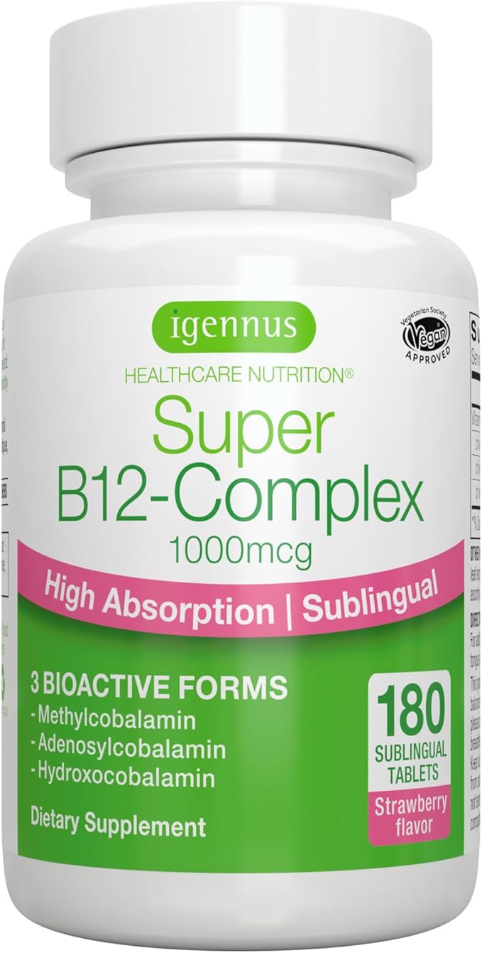 Super B12-Complex 1000mcg, Methylated Vitamin B12 Sublingual, Clean Label, Methylcobalamin, Adenosylcobalamin & Hydroxocobalamin, 180 Servings, High Absorption Sugar-Free Melts, Vegan, by Igennus