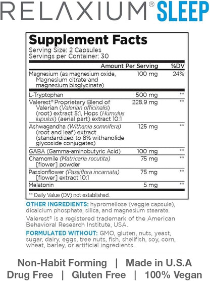 Relaxium Sleep Aid for Adults, Melatonin 5mg with Magnesium Glycinate, Sleep-Promoting Valerest & Ashwagandha, Non-Habit Forming Sleep Supplement, 60 Capsules, 30-Day Supply