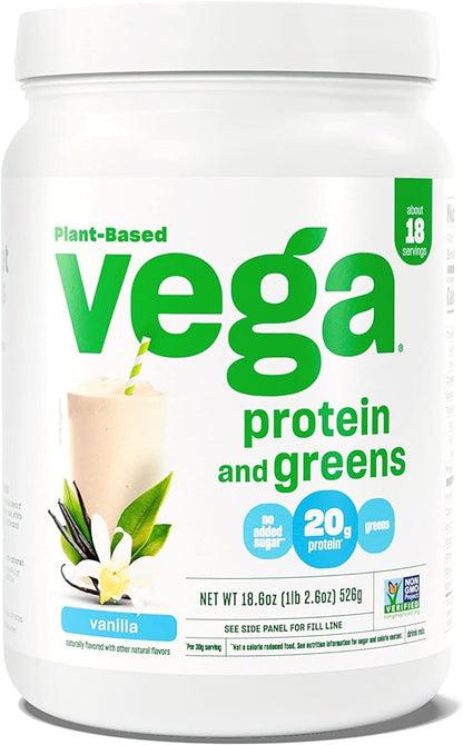 Vega Protein and Greens Protein Powder, Vanilla - 20g Plant Based Protein Plus Veggies, Vegan, Non GMO, Pea Protein for Women and Men, 1.2 lbs (Packaging May Vary)