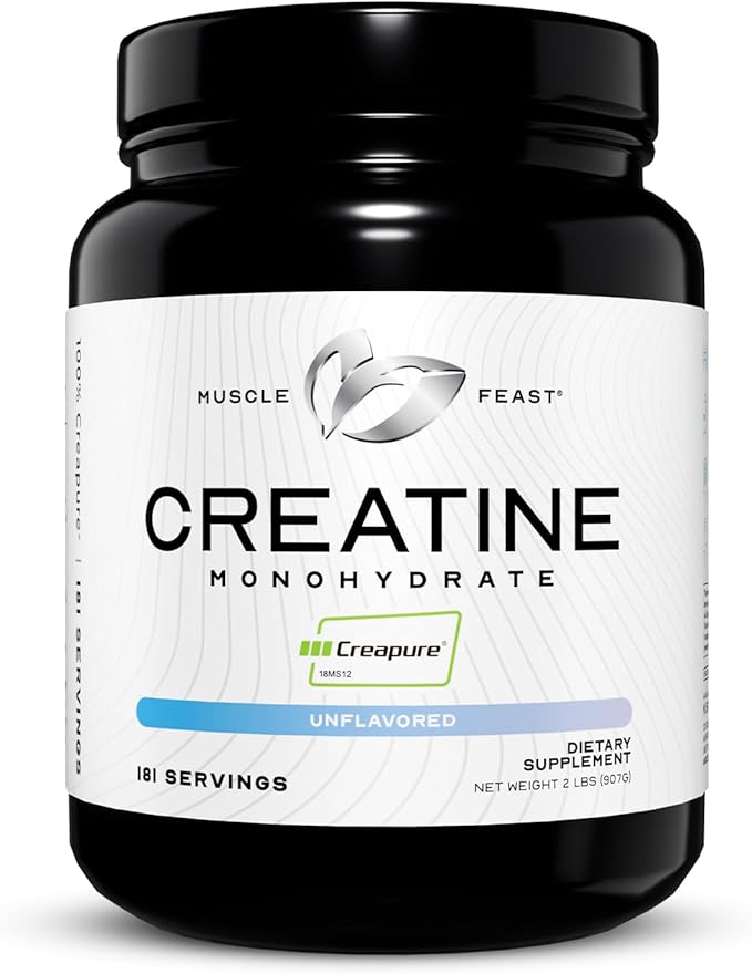 Muscle Feast Creapure Creatine Monohydrate Powder | Premium Pre-Workout or Post-Workout | Easy to Mix, Gluten-Free, Safe and Pure, Kosher Certified (2lb, Unflavored)
