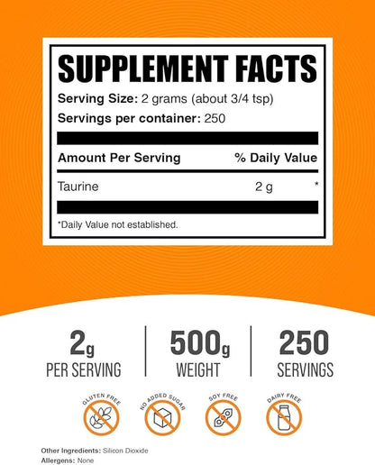 BulkSupplements.com Taurine Powder - Taurine Supplement, Taurine 2000mg - Amino Acids Supplement for Energy - Unflavored & Gluten Free, 2g per Serving, 500g (1.1 lbs) (Pack of 1)