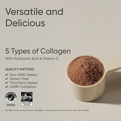 Sports Research Multi Collagen Protein Powder (Type I, II, III, V, X) with Hyaluronic Acid + Vitamin C | 5 Types of Food Based Collagen, 30 Servings (Chocolate)