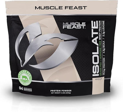 Muscle Feast Grass-Fed Whey Protein Isolate, All Natural Hormone Free Pasture Raised, Vanilla, 5lb (94 Servings)