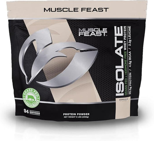 Muscle Feast Grass-Fed Whey Protein Isolate, All Natural Hormone Free Pasture Raised, Vanilla, 5lb (94 Servings)