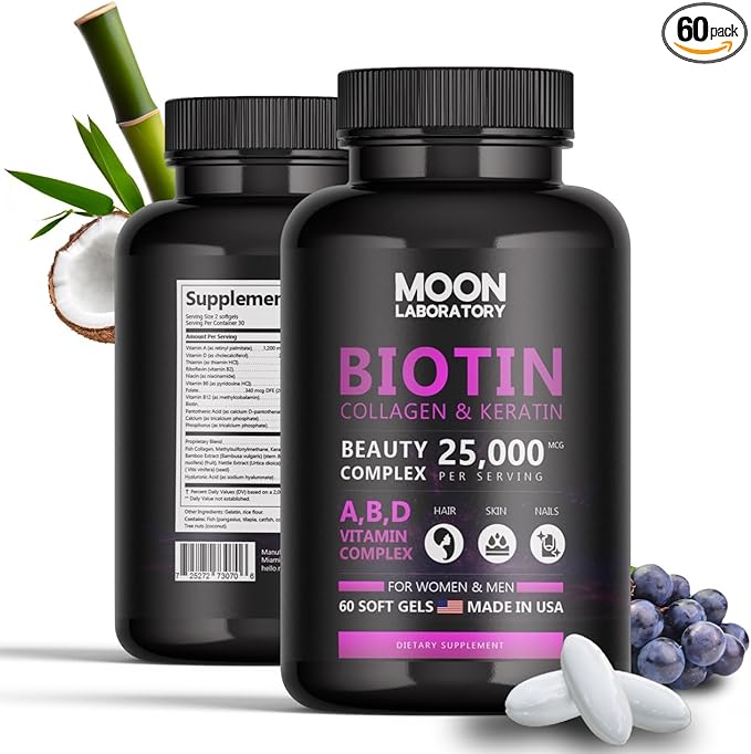 Premium Biotin 5,000 mcg with Collagen, Keratin, Hyaluronic Acid, Vitamin A, D3, B-Complex & Coconut Oil. Beauty Complex for Hair Growth, Nails, Skin. for Men & Women. 60 Softgels