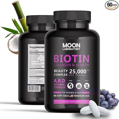 Premium Biotin 5,000 mcg with Collagen, Keratin, Hyaluronic Acid, Vitamin A, D3, B-Complex & Coconut Oil. Beauty Complex for Hair Growth, Nails, Skin. for Men & Women. 60 Softgels