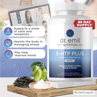 DR. EMIL NUTRITION 200 MG 5-HTP Plus with SAM-e for Mood, Stress, and Sleep - 5HTP Supplement with Vitamin B6-120 Vegan Capsules, 60 Servings