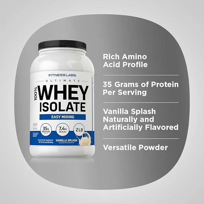 Fitness Labs Whey Protein Isolate Powder | 2lb | 35g Protein | Vanilla Flavor | with BCAAs | Non-GMO, Gluten Free Supplement