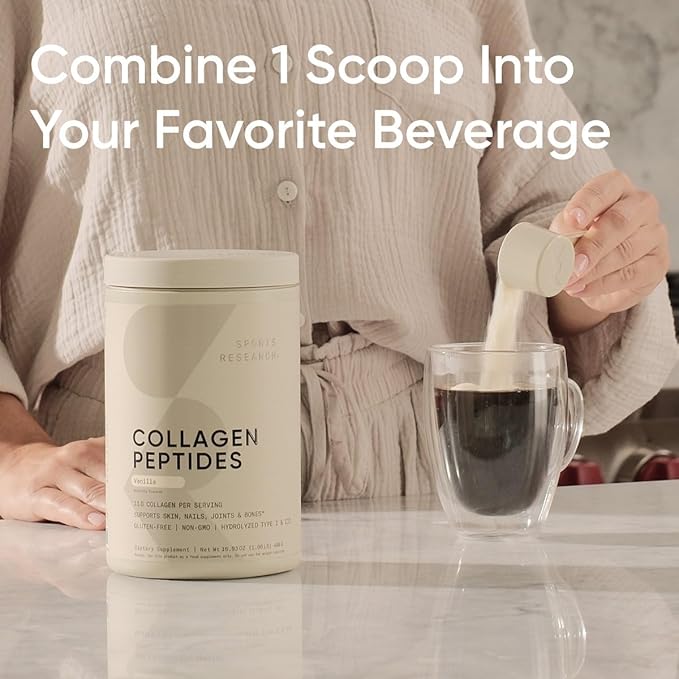 Sports Research Collagen Peptides - Hydrolyzed Type 1 & 3 Collagen Powder Protein Supplement for Healthy Skin, Nails, & Joints - Easy Mixing Vital Nutrients & Proteins, Collagen for Women & Men