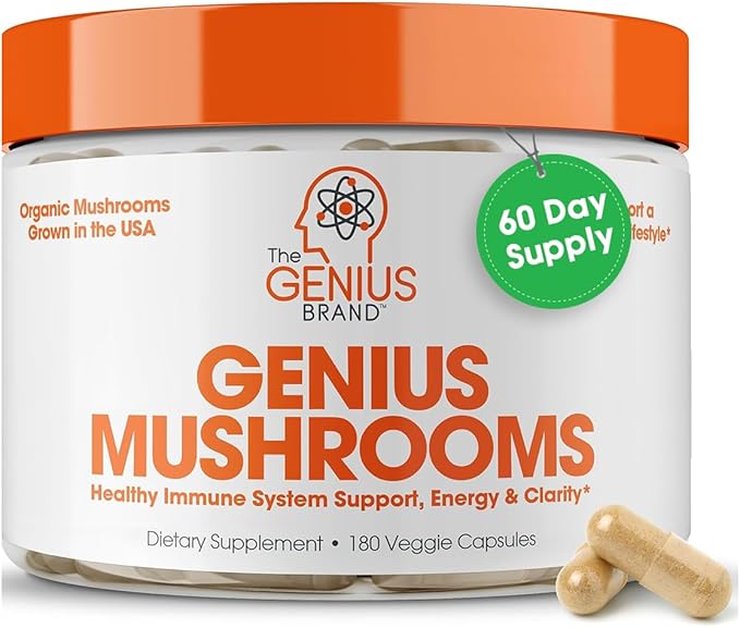 Genius Mushroom Supplement - Lions Mane, Cordyceps, Reishi - Brain Nootropic for Energy, Focus, Overall Wellness, & Immune Support, 180 Veggie Pills