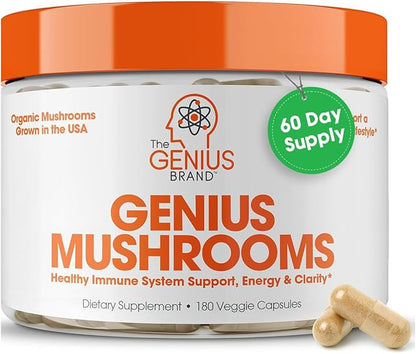 Genius Mushroom Supplement - Lions Mane, Cordyceps, Reishi - Brain Nootropic for Energy, Focus, Overall Wellness, & Immune Support, 180 Veggie Pills