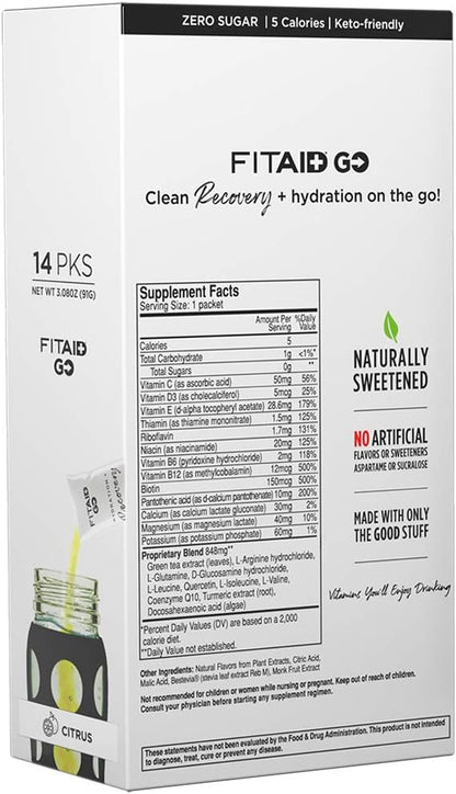 FITAID GO ZERO SUGAR Recovery Hydration Packet, W/ BCAAs, Glucosamine, Electrolytes, Omega-3s, 100% Clean, Keto-friendly, Vegan & Gluten-Free, 5 calories, Naturally Sweetened, 14 pack