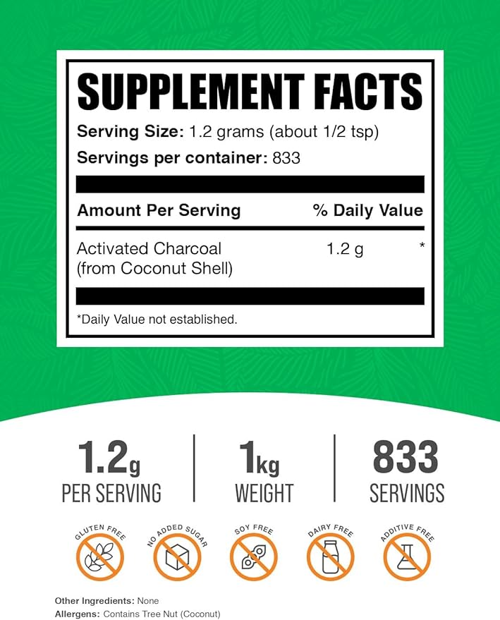 BulkSupplements.com Activated Charcoal Powder - from Coconut Charcoal, Charcoal Powder for Teeth Whitening - Vegan & Gluten Free - 1200mg per Serving, 1kg (2.2 lbs) (Pack of 1)