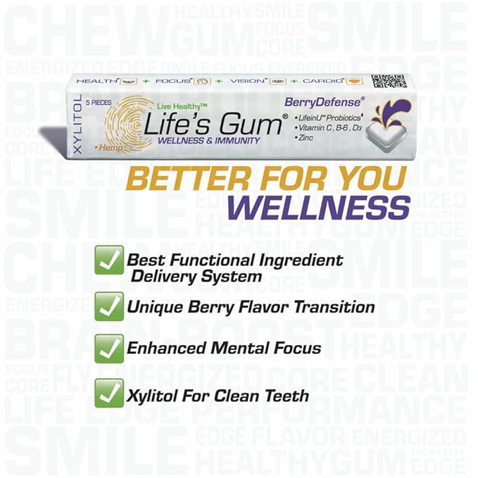 Life's Gum by Liquid Core - Wellness & Immunity Gum with Elderberry & Probitoics - Contains Vitamin C, B6, D3, & Zinc - Sugar-Free, Aspartame-Free - BerryDefense Flavor (5-Pack)