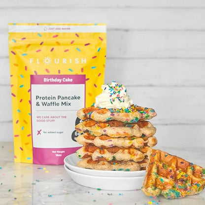 Flourish - Protein Pancake & Waffle Mix, Whey Protein Isolate & Flax Seed, Non-GMO, No Added Sugar, Superfood, High Protein & Fiber, Just Add Water - Birthday Cake, 16oz