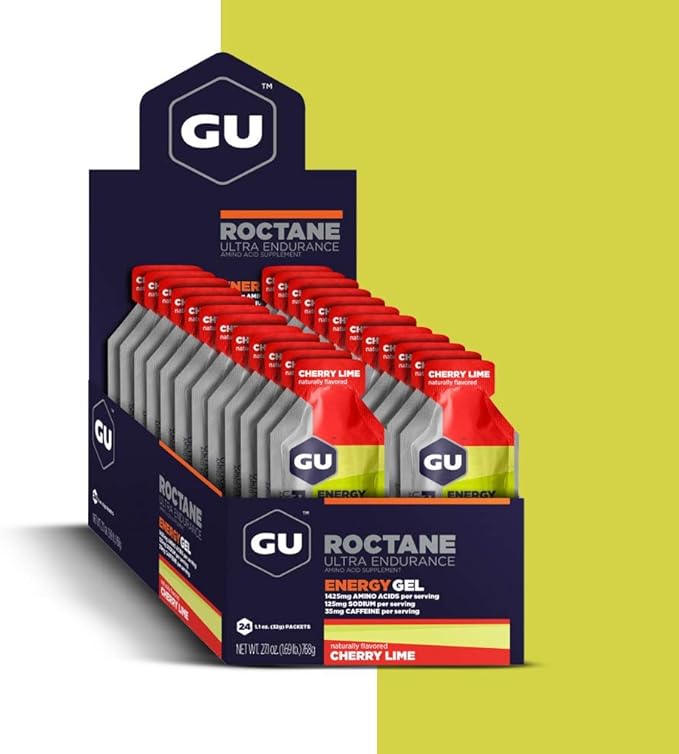 GU Energy Roctane Ultra Endurance Energy Gel, Vegan, Gluten-Free, Kosher, and Dairy-Free On-The-Go Sports Nutrition for Running, Biking, Hiking or Skiing, 24-Count, Cherry Lime