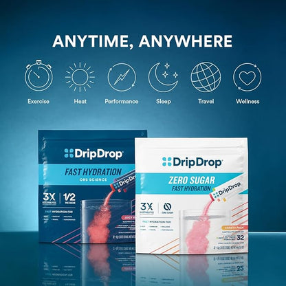 DripDrop Hydration - Tropical Variety Pack - Electrolyte Drink Mix Single Serve Hydration Powder Packets - Mango, Açaí, Passion Fruit, Piña Colada | Non-GMO, Gluten Free, Vegan | 32 Sticks