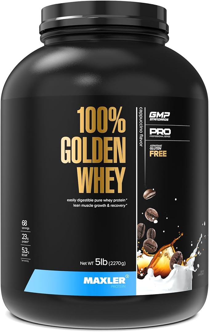 Maxler 100% Golden Whey Protein - 23g of Premium Whey Protein Powder per Serving - Pre, Post & Intra Workout Recovery - Fast-Absorbing Whey Hydrolysate, Isolate & Concentrate Blend - Cappuccino 5 lbs