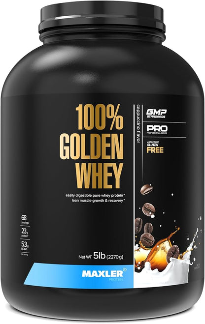 Maxler 100% Golden Whey Protein - 23g of Premium Whey Protein Powder per Serving - Pre, Post & Intra Workout Recovery - Fast-Absorbing Whey Hydrolysate, Isolate & Concentrate Blend - Cappuccino 5 lbs