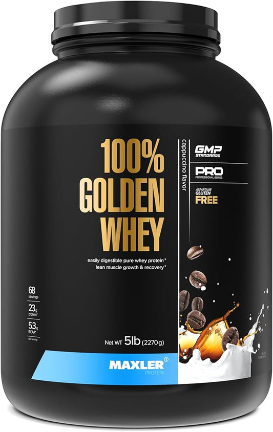 Maxler 100% Golden Whey Protein - 23g of Premium Whey Protein Powder per Serving - Pre, Post & Intra Workout Recovery - Fast-Absorbing Whey Hydrolysate, Isolate & Concentrate Blend - Cappuccino 5 lbs