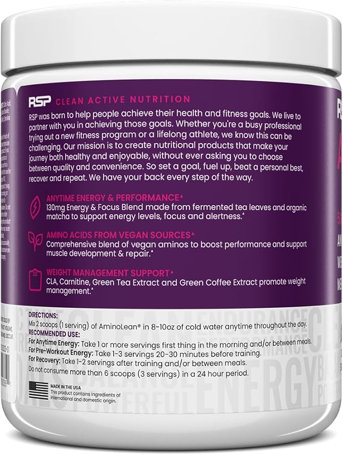 RSP NUTRITION AminoLean Pre Workout Powder, Amino Energy & Weight Management with Vegan BCAA Amino Acids, Natural Caffeine, Preworkout Boost for Men & Women, 30 Serv
