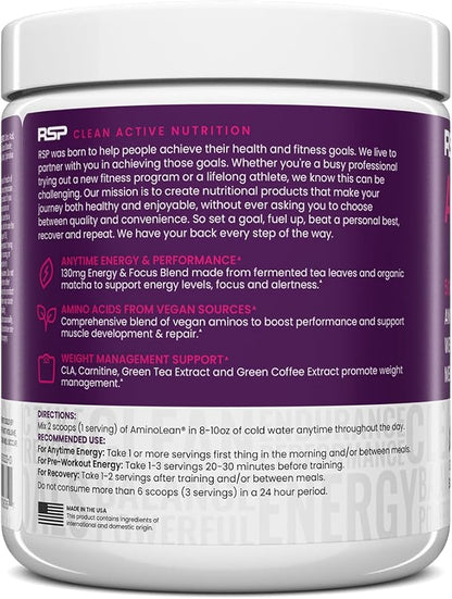 RSP NUTRITION AminoLean Pre Workout Powder, Amino Energy & Weight Management with Vegan BCAA Amino Acids, Natural Caffeine, Preworkout Boost for Men & Women, 30 Serv
