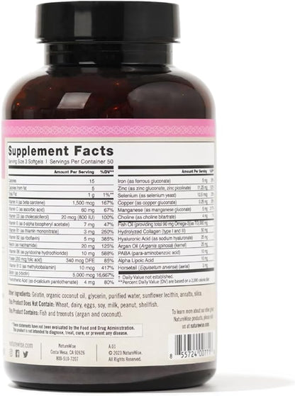 NatureWise Hair Skin and Nails Vitamin, Biotin 5000mcg w/Hyaluronic Acid, Collagen for Women with C, B Complex, D3, A, E, Iron - Non-GMO, Gluten Free - 150 Softgels[50-Day Supply]