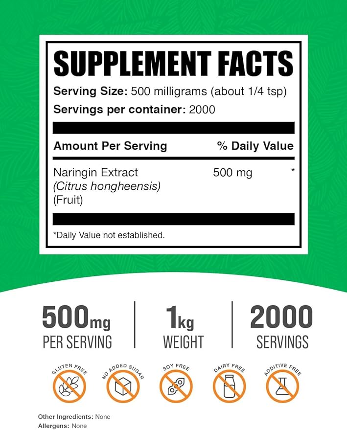 BulkSupplements.com Naringin Extract Powder - Sourced from Citrus Fruit, Naringin Supplement - Herbal Supplement, Gluten Free, 500mg per Serving, 1kg (2.2 lbs) (Pack of 1)