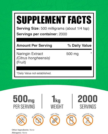BulkSupplements.com Naringin Extract Powder - Sourced from Citrus Fruit, Naringin Supplement - Herbal Supplement, Gluten Free, 500mg per Serving, 1kg (2.2 lbs) (Pack of 1)