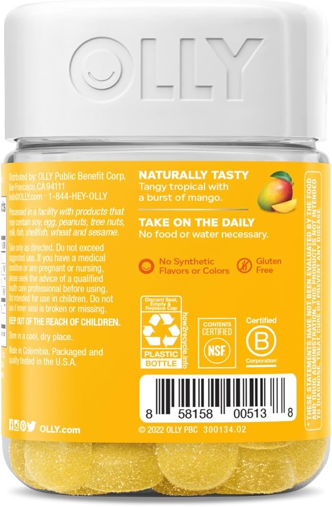 OLLY Probiotic Gummy, Immune and Digestive Support, 1 Billion CFUs, Chewable Probiotic Supplement, Mango, 25 Day Supply - 50 Count