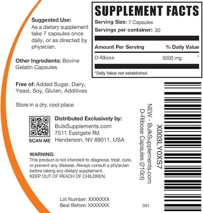 BulkSupplements.com D-Ribose Capsules - Ribose Supplement, D-Ribose 5000mg, for Energy Support - Unflavored & Gluten Free, 7 Capsules per Serving, 210 Capsules (Pack of 1)