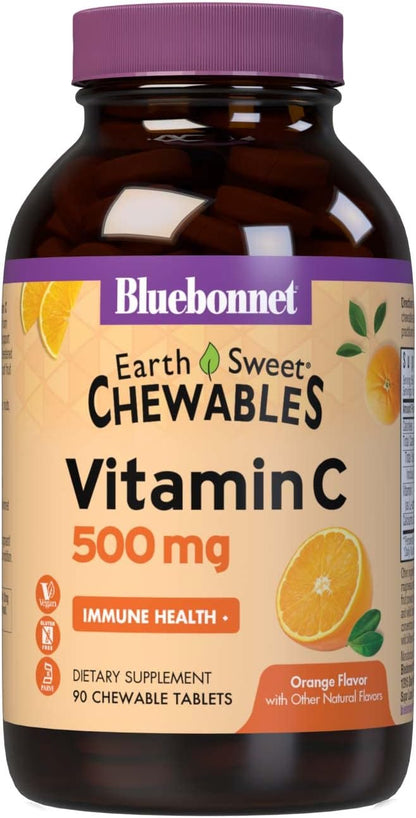 Bluebonnet Nutrition EarthSweet Vitamin C 500 mg Powerful Antioxidant Protection & Immune Health Support Supplement - Maximum Absorption - Gluten-Free, Vegan - Flavor - Chewable Tablets Orange, 90 Count (Pack of 1)