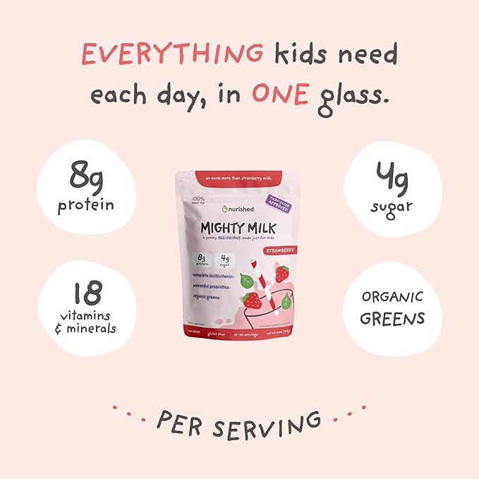 Mighty Strawberry Milk - Kids All-in-One Daily Protein Powder & Multivitamin Boosted with 2 Billion Probiotics & Organic Spinach - Natural Flavors, Colors & Sweeteners - 15-30 Servings