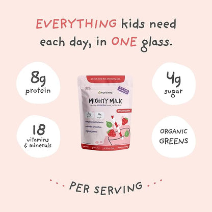 Mighty Strawberry Milk - Kids All-in-One Daily Protein Powder & Multivitamin Boosted with 2 Billion Probiotics & Organic Spinach - Natural Flavors, Colors & Sweeteners - 15-30 Servings