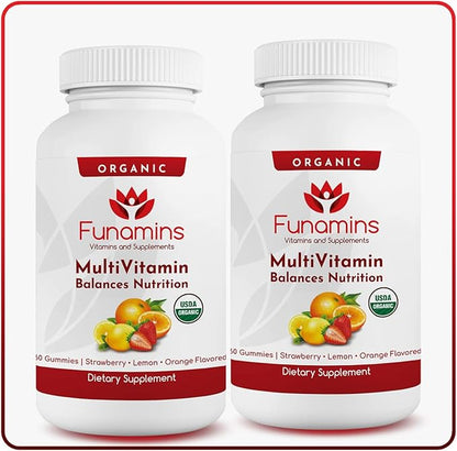Organic Gummy MultiVitamins, 2-Pack, 60 Count Each; Blend of 11 Essential Nutrients, for Kids and Adults, Vegan, Assorted Strawberry, Lemon, Orange Flavors