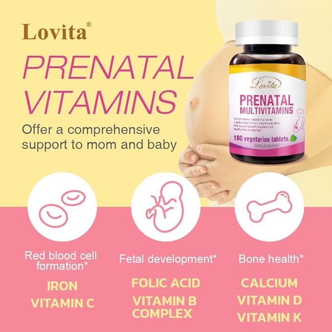 Lovita Prenatal Vitamins with Iron 27 mg, Folic Acid 800mcg & Calcium, Vegan Prenatal Vitamins for Women During and Post Preganacy, Non GMO, 180 Vegetarian Prenatal Pills (Pack of 3)