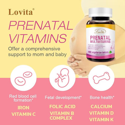 Lovita Prenatal Vitamins with Iron 27 mg, Folic Acid 800mcg & Calcium, Vegan Prenatal Vitamins for Women During and Post Preganacy, Non GMO, 180 Vegetarian Prenatal Pills (Pack of 3)